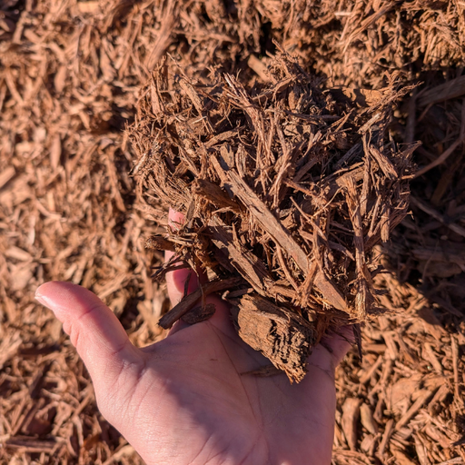 "Redwood Mulch, finely shredded redwood material, 1 yard"
