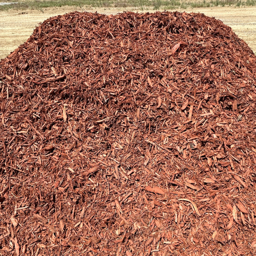 "Dyed Red Mulch, vibrant red hue, 1 yard"