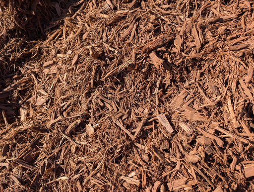 "Redwood Mulch, finely shredded redwood material, 1 yard"
