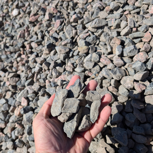 "1 ½” Mtn Granite, angular stone in gray and brown tones, 1 ton"
